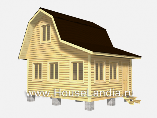 Двухэтажный дом из бруса 6 х 5 с верандой, с двухскатной ломаной крышей
